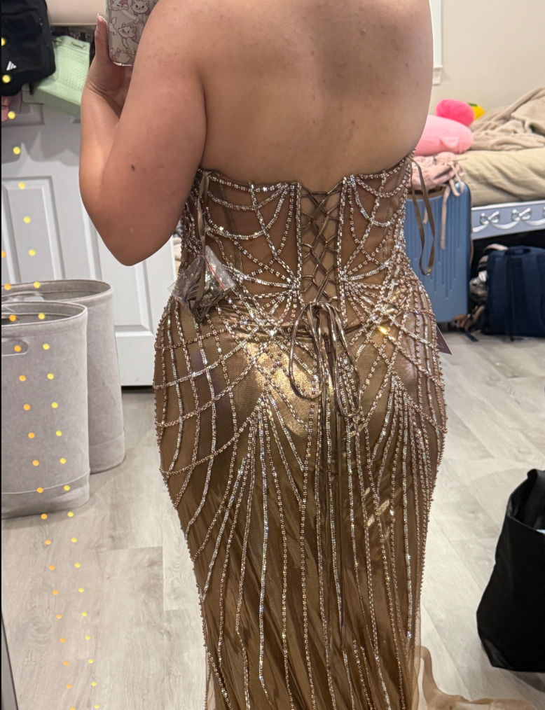 Beaded Metallic Strapless Gown by Ladivine CD756 - Outlet