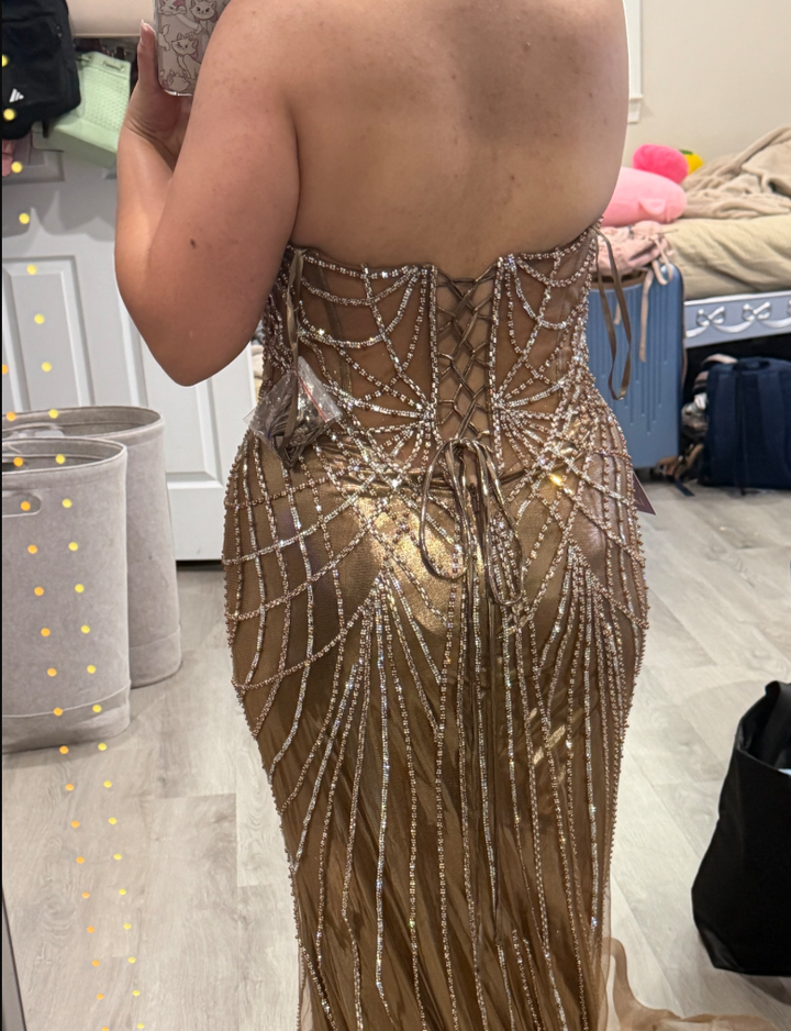 Beaded Metallic Strapless Gown by Ladivine CD756 - Outlet