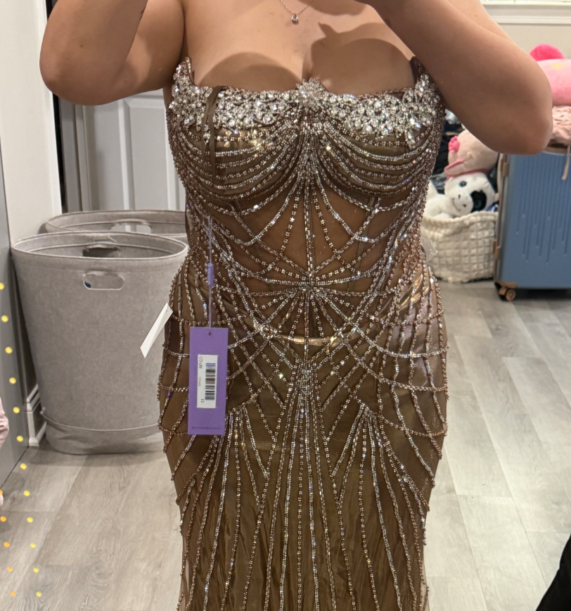 Beaded Metallic Strapless Gown by Ladivine CD756 - Outlet