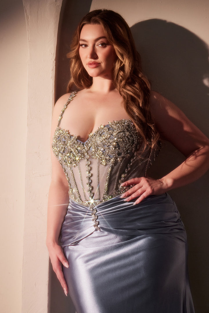 Plus Size Fitted Beaded Satin Gown by Ladivine CD757C - Outlet