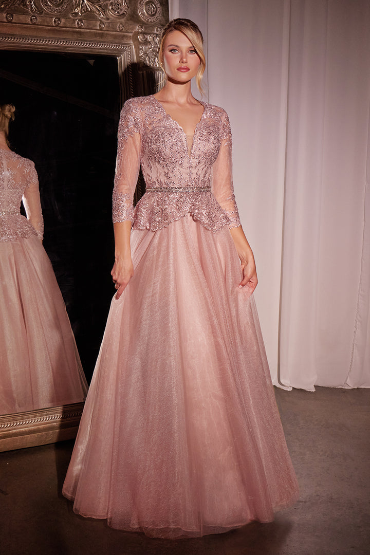 Applique 3/4 Sleeve A-line Gown by Ladivine CD789