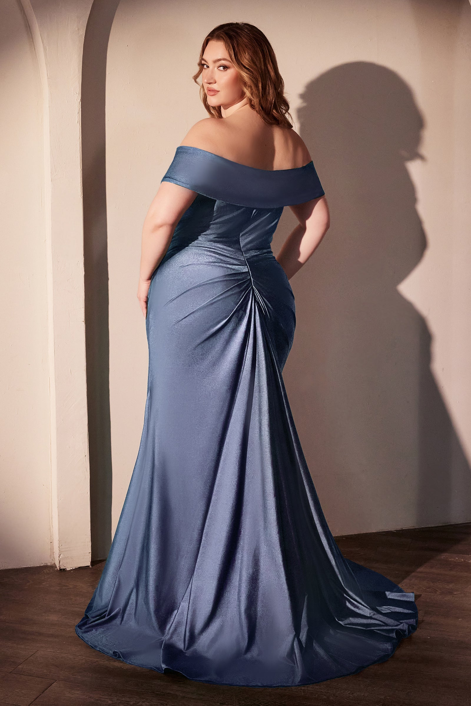 Satin Fitted Off Shoulder Slit Gown by Ladivine CD790 – ABC