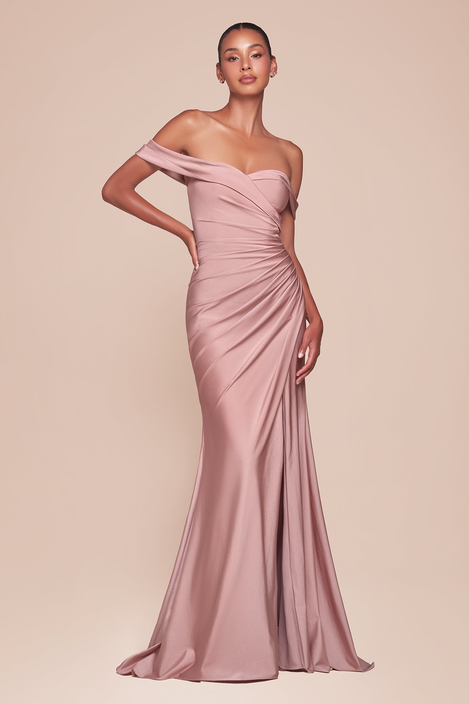 Satin Fitted Off Shoulder Slit Gown by Ladivine CD790 – ABC Fashion