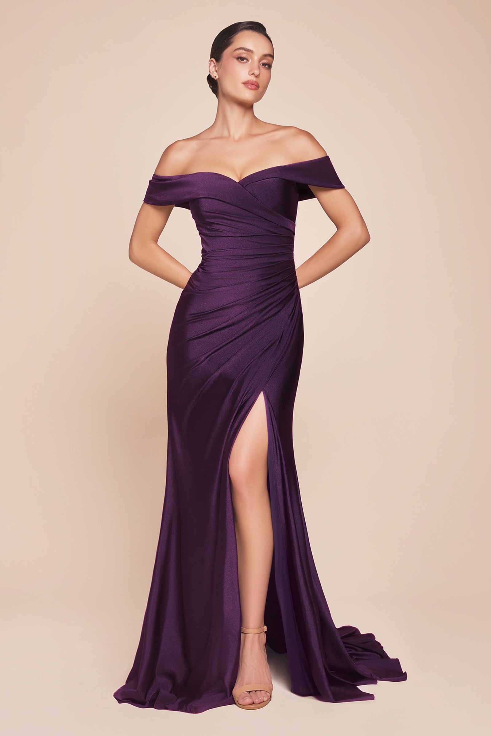 Satin Fitted Off Shoulder Slit Gown by Ladivine CD790 – ABC Fashion