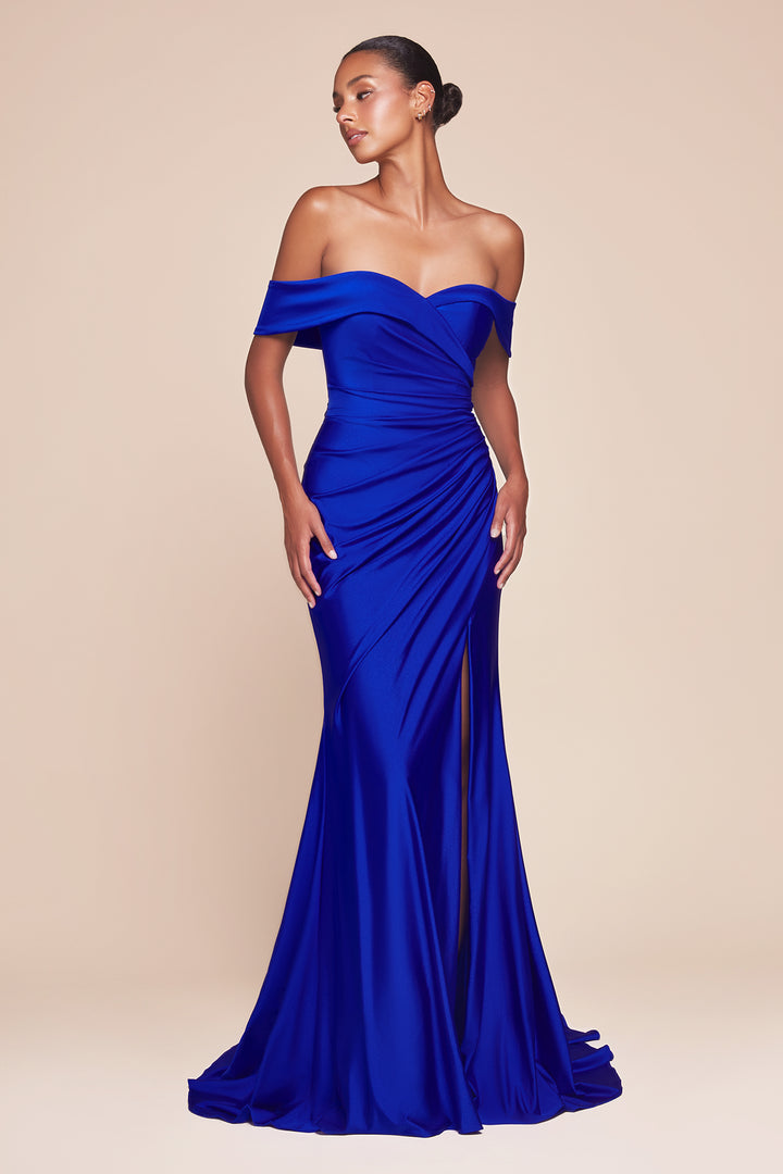 Satin Fitted Off Shoulder Slit Gown by Ladivine CD790 - Outlet