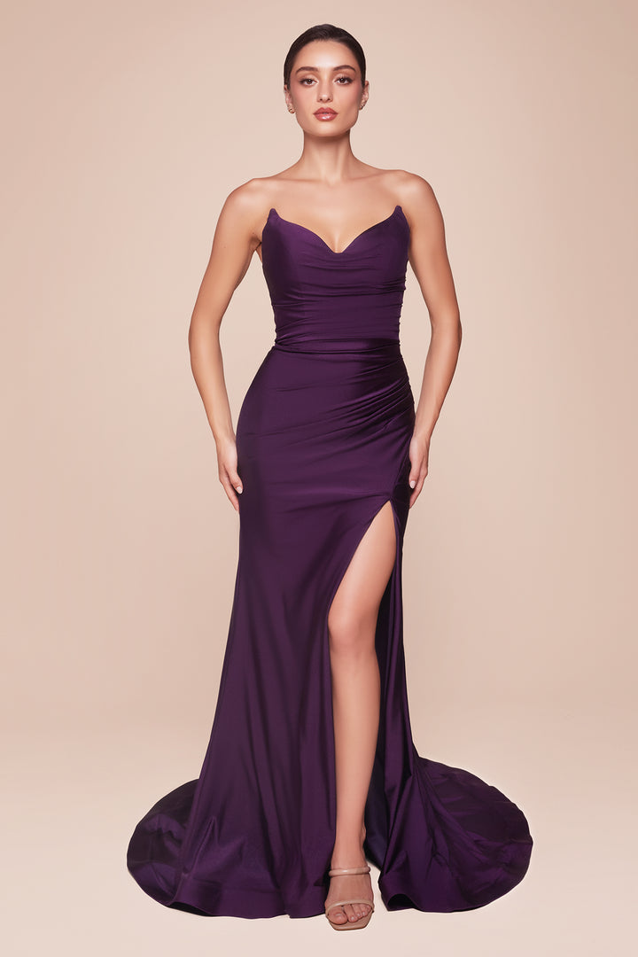 Satin Fitted Strapless Slit Gown by Ladivine CD791 - Outlet