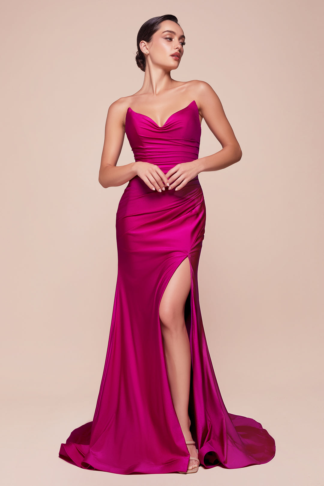 Satin Fitted Strapless Slit Gown by Ladivine CD791 - Outlet