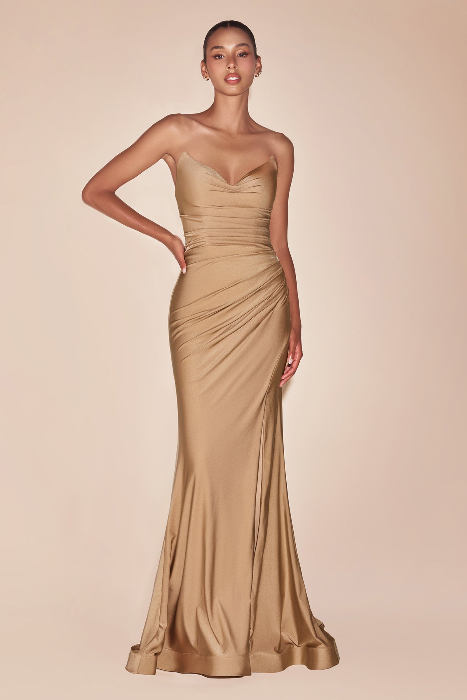 Satin Fitted Strapless Slit Gown by Ladivine CD791 – ABC Fashion