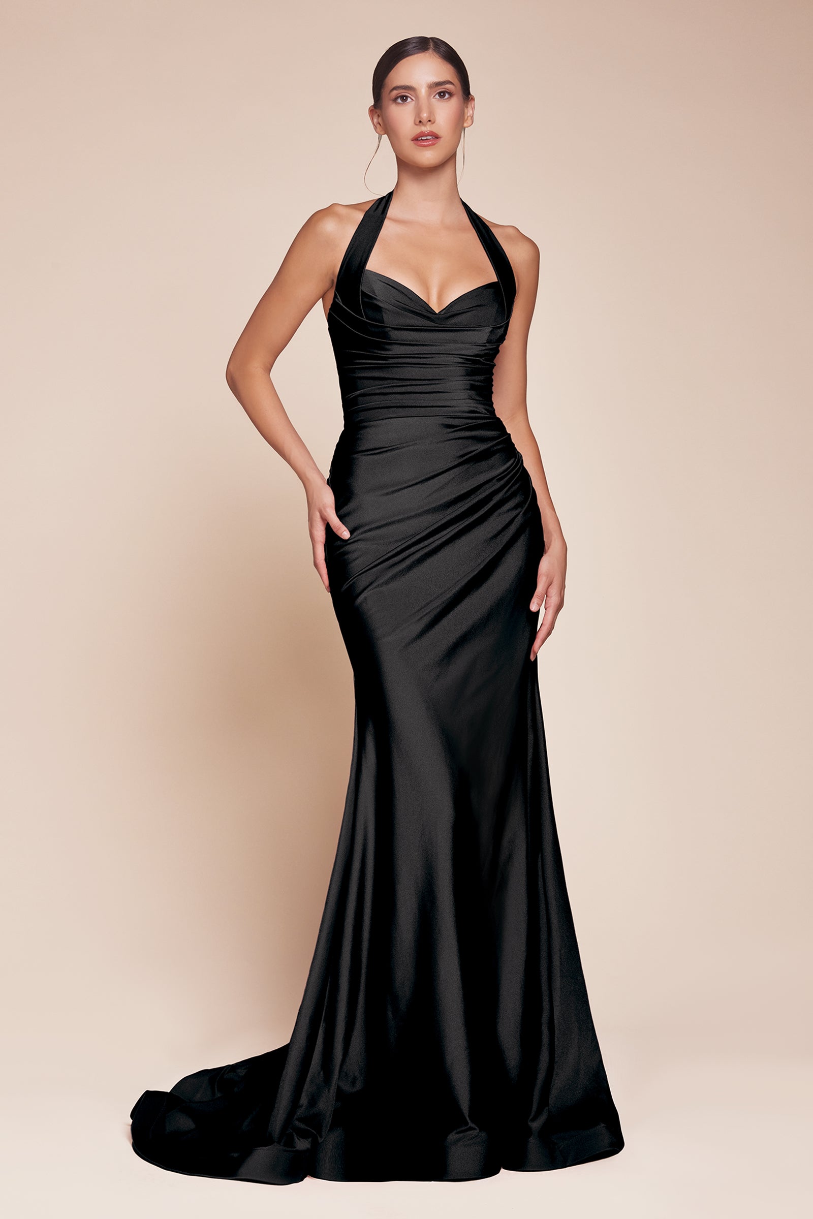 Satin Fitted Long Halter Slit Dress by Ladivine CD796 – ABC Fashion