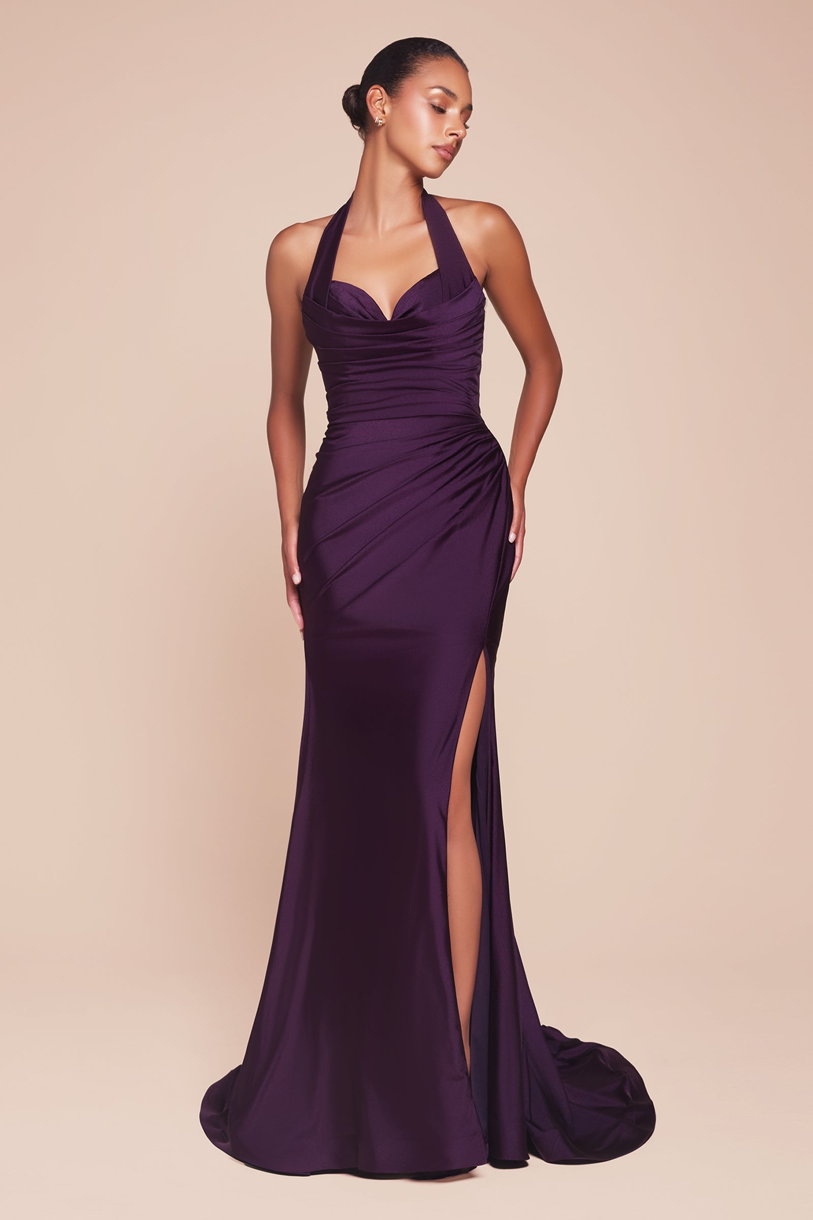 Satin Fitted Long Halter Slit Dress by Ladivine CD796 – ABC Fashion