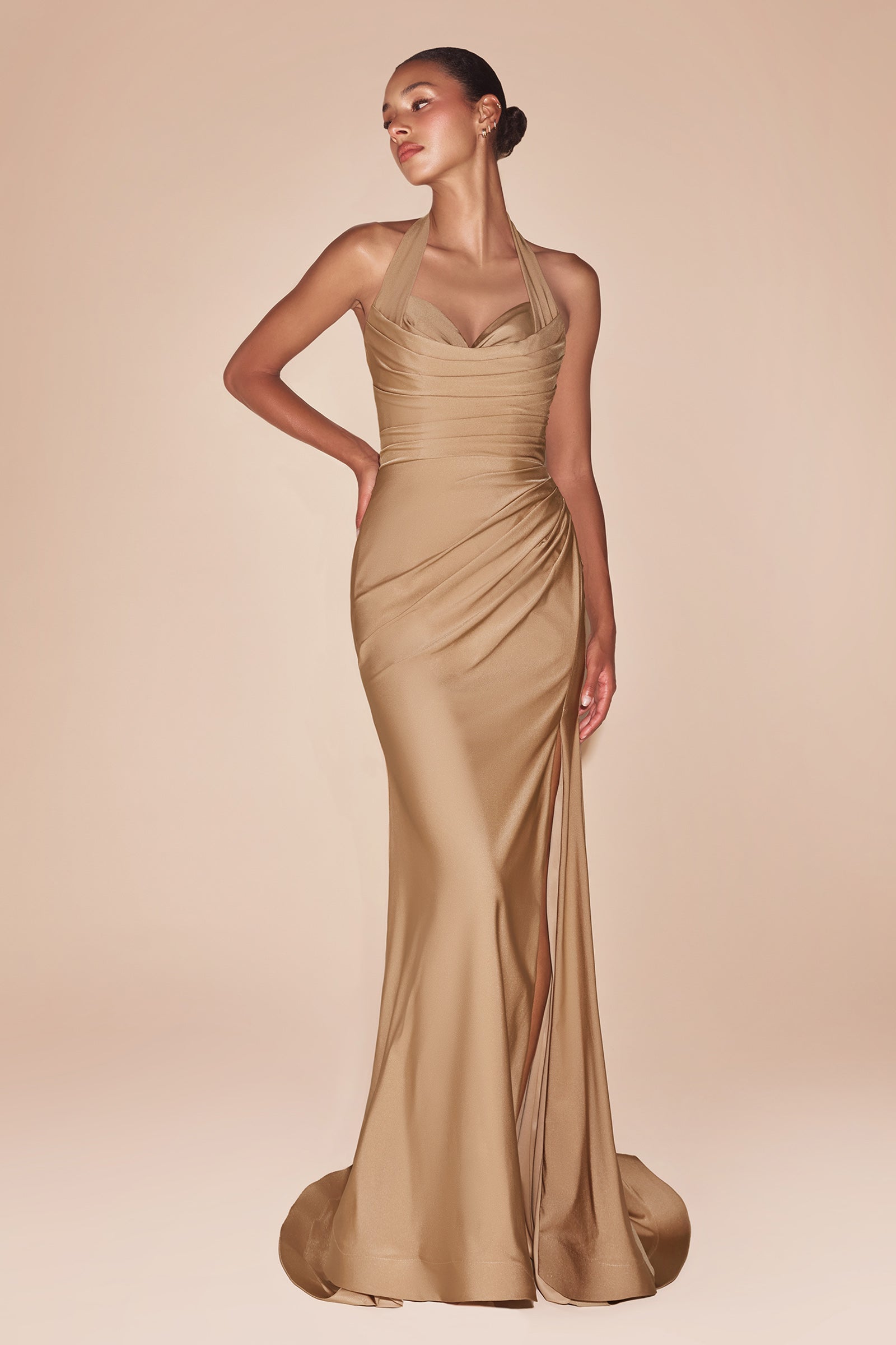 Satin Fitted Long Halter Slit Dress by Ladivine CD796 – ABC Fashion