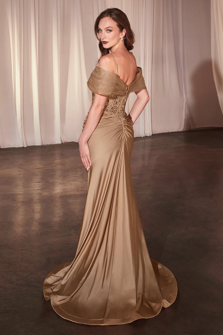 Fitted Applique Satin Corset Gown by Ladivine CD798 - Outlet