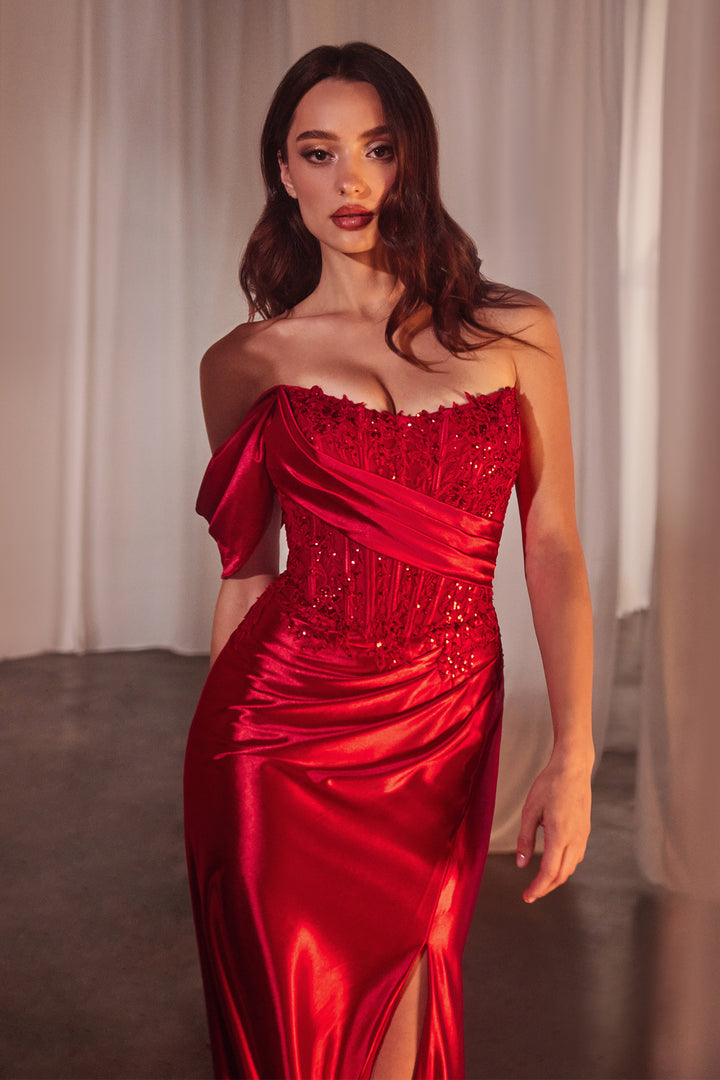 Applique One Off Shoulder Satin Slit Gown by Ladivine CD804