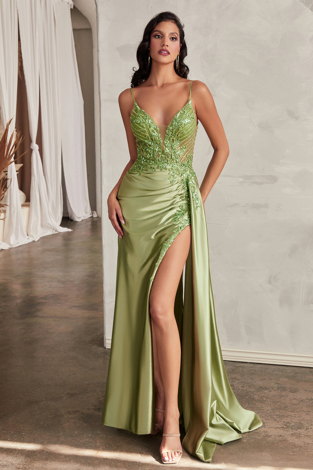 Fitted Applique Satin Sleeveless Slit Gown by Ladivine CD809