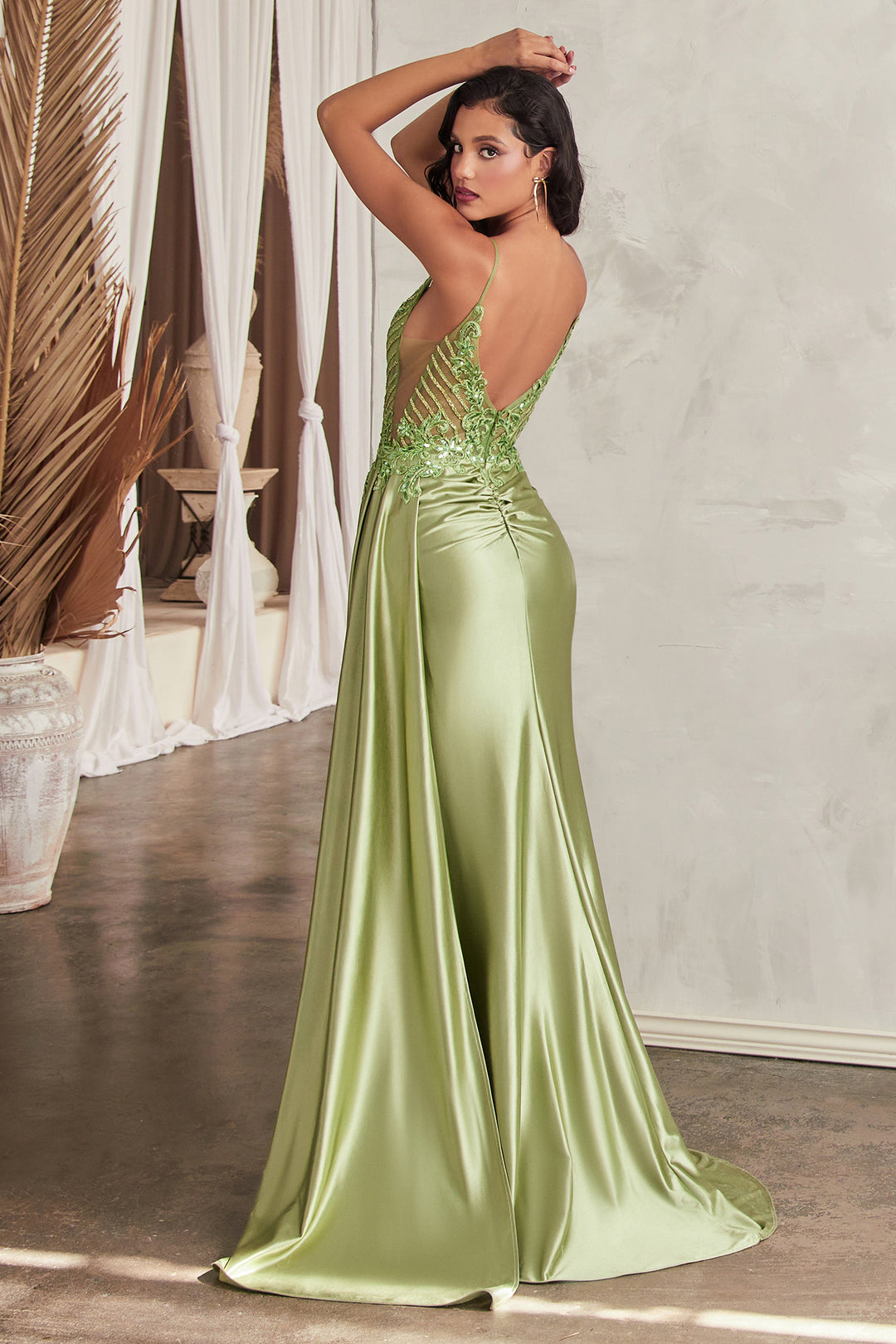Fitted Applique Satin Sleeveless Slit Gown by Ladivine CD809