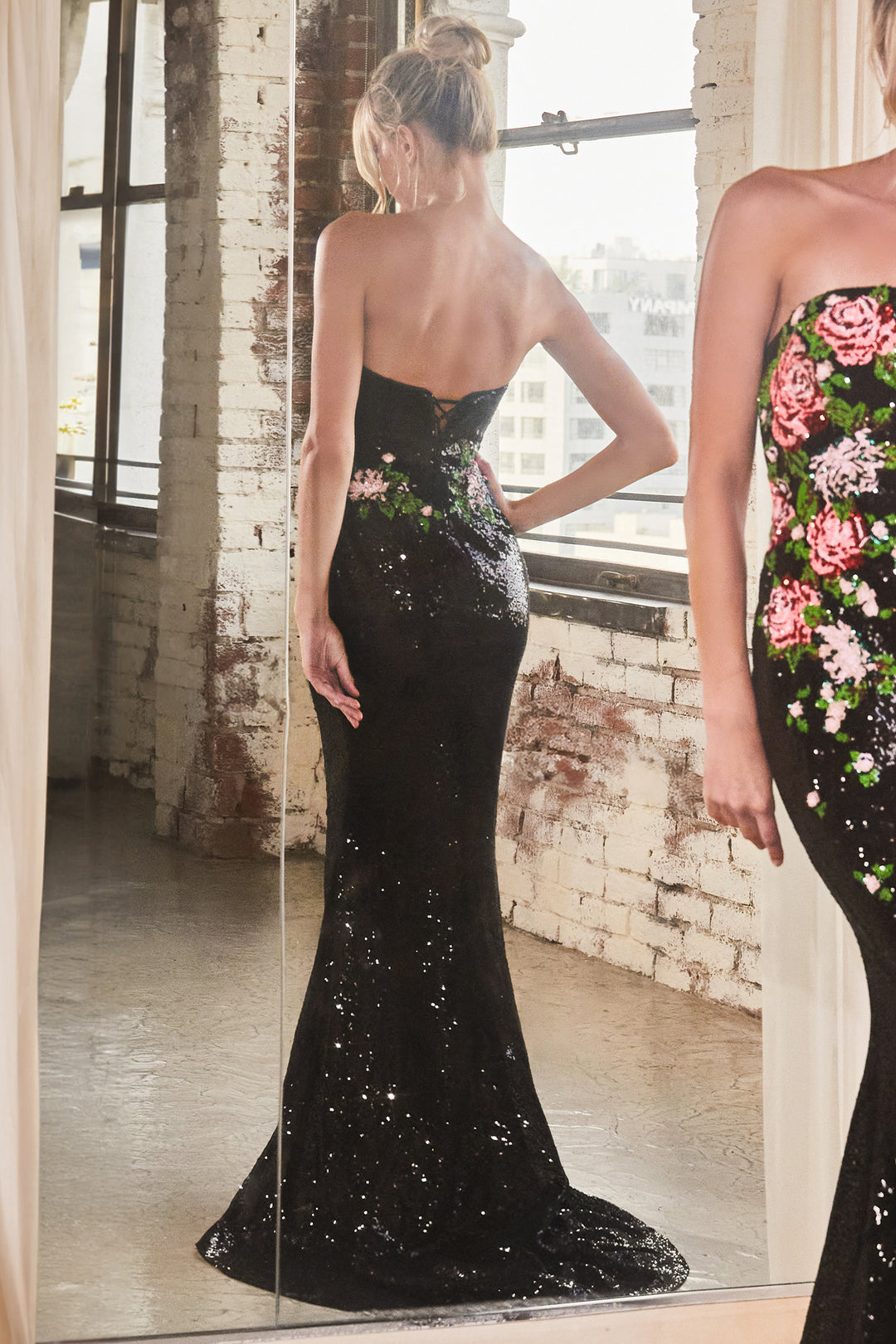 Floral Sequin Print Strapless Slit Gown by Ladivine CD811