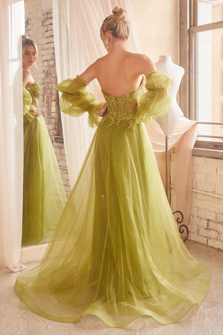 Beaded Strapless Puff Sleeve Tulle Gown by Ladivine CD830