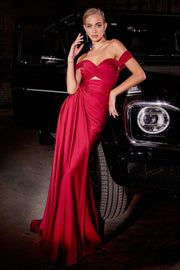 Fitted Satin Off Shoulder Slit Gown by Ladivine CD836