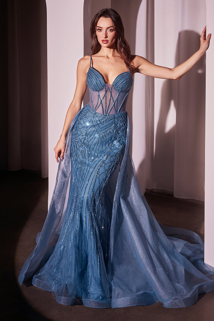 Beaded Sheer Fitted Overskirt Gown by Ladivine CD863