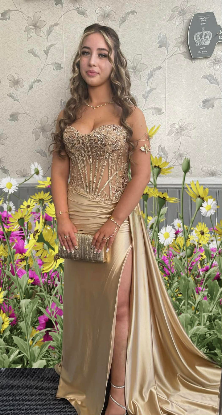 Applique Fitted Satin Corset Slit Gown by Ladivine CD868