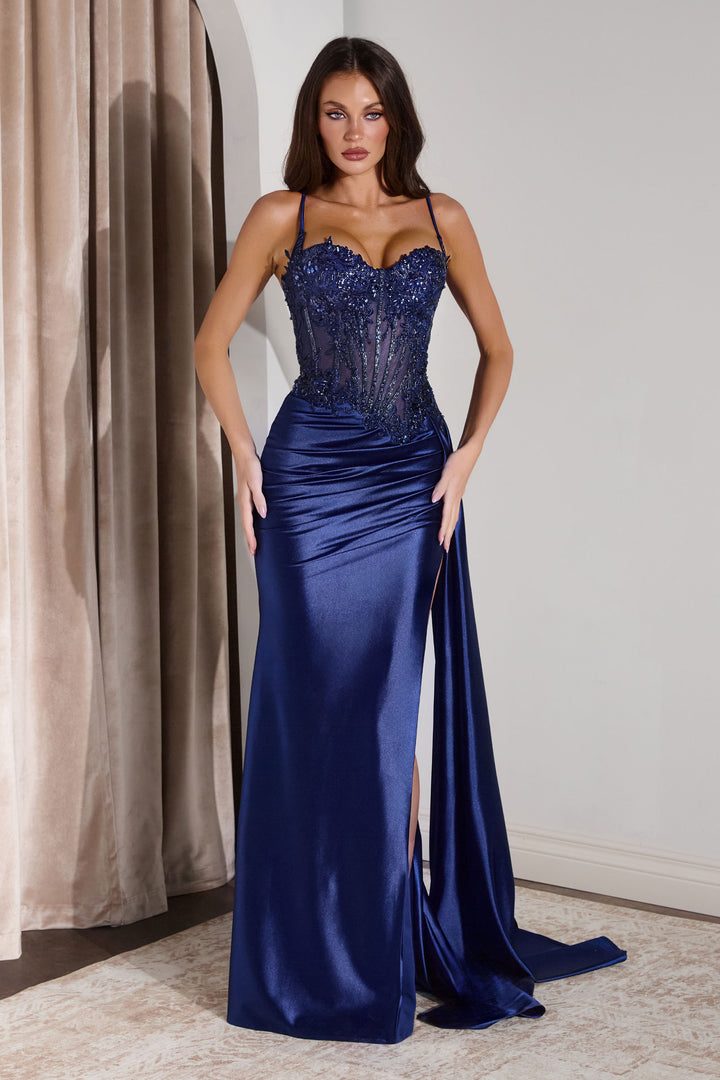 Applique Fitted Satin Corset Slit Gown by Ladivine CD868