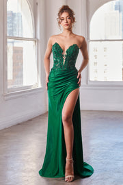 Fitted Applique Satin Strapless Slit Gown by Ladivine CDS465