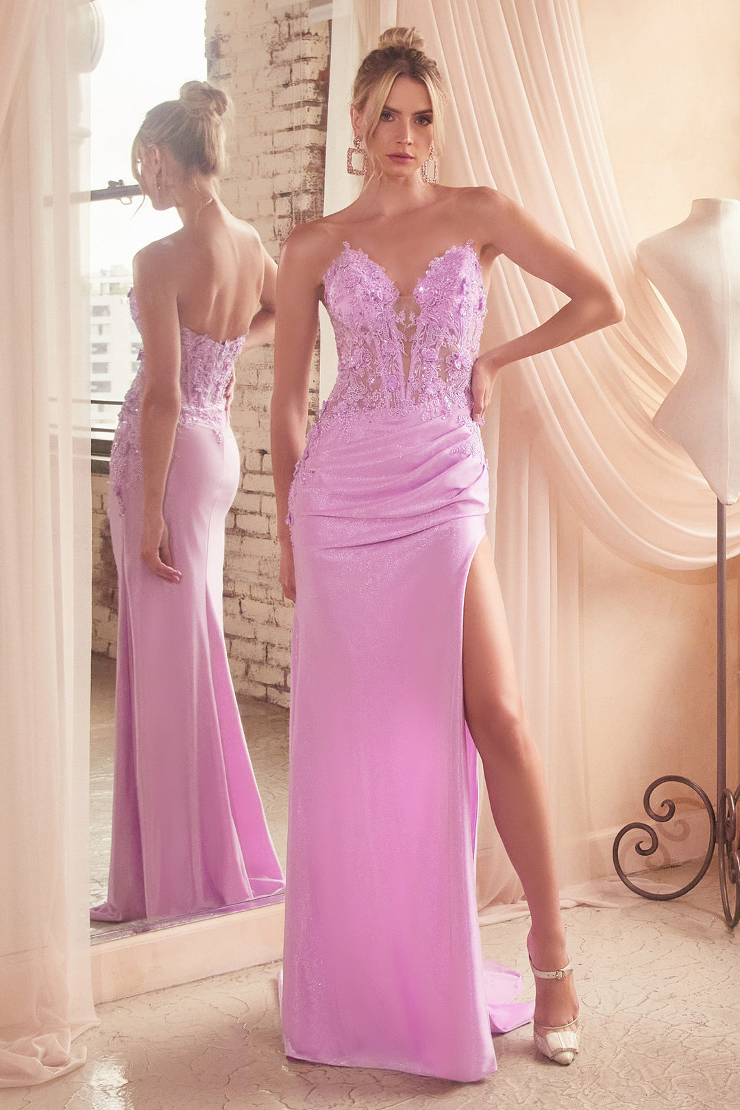 Fitted Applique Satin Strapless Slit Gown by Ladivine CDS465 - Outlet