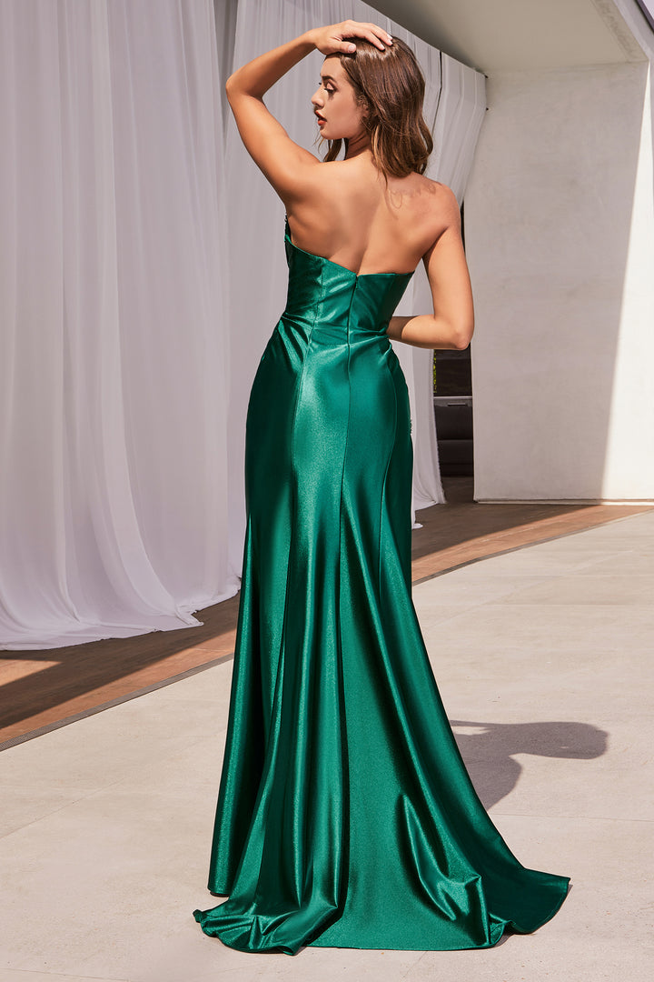 Fitted Beaded Satin Strapless Slit Gown by Ladivine CDS487