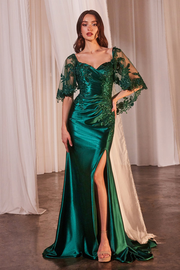Applique Satin Capelet Slit Gown by Ladivine CDS499 - Outlet
