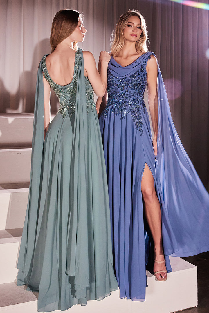 Chiffon Cape Sleeve A-line Gown by Ladivine CDS509