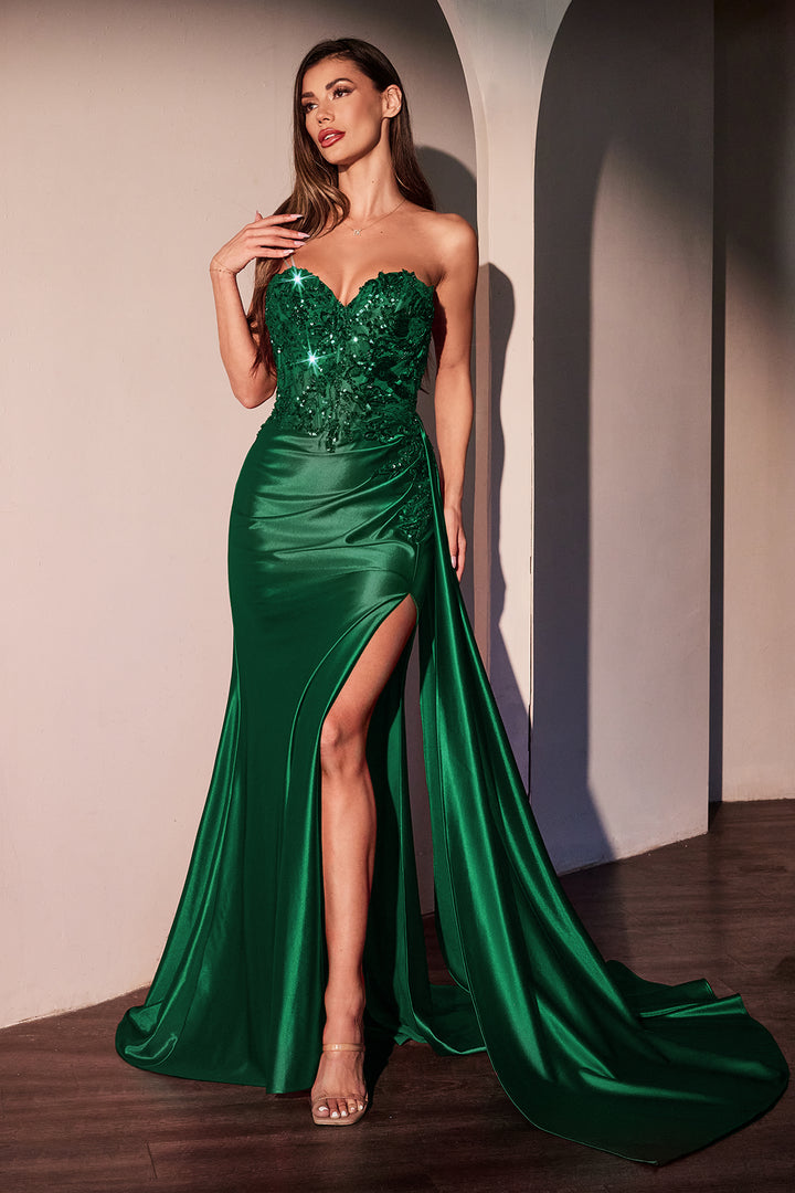 Applique Satin Strapless Slit Gown by Ladivine CDS530 - Outlet