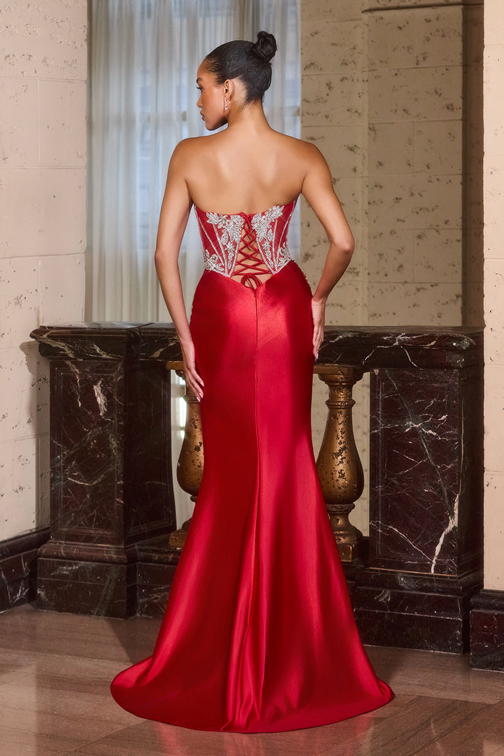 Beaded Satin Strapless Slit Gown by Ladivine CDS546