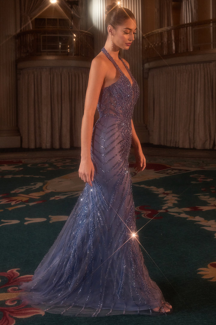Beaded Halter Mermaid Dress by Ladivine CDS547