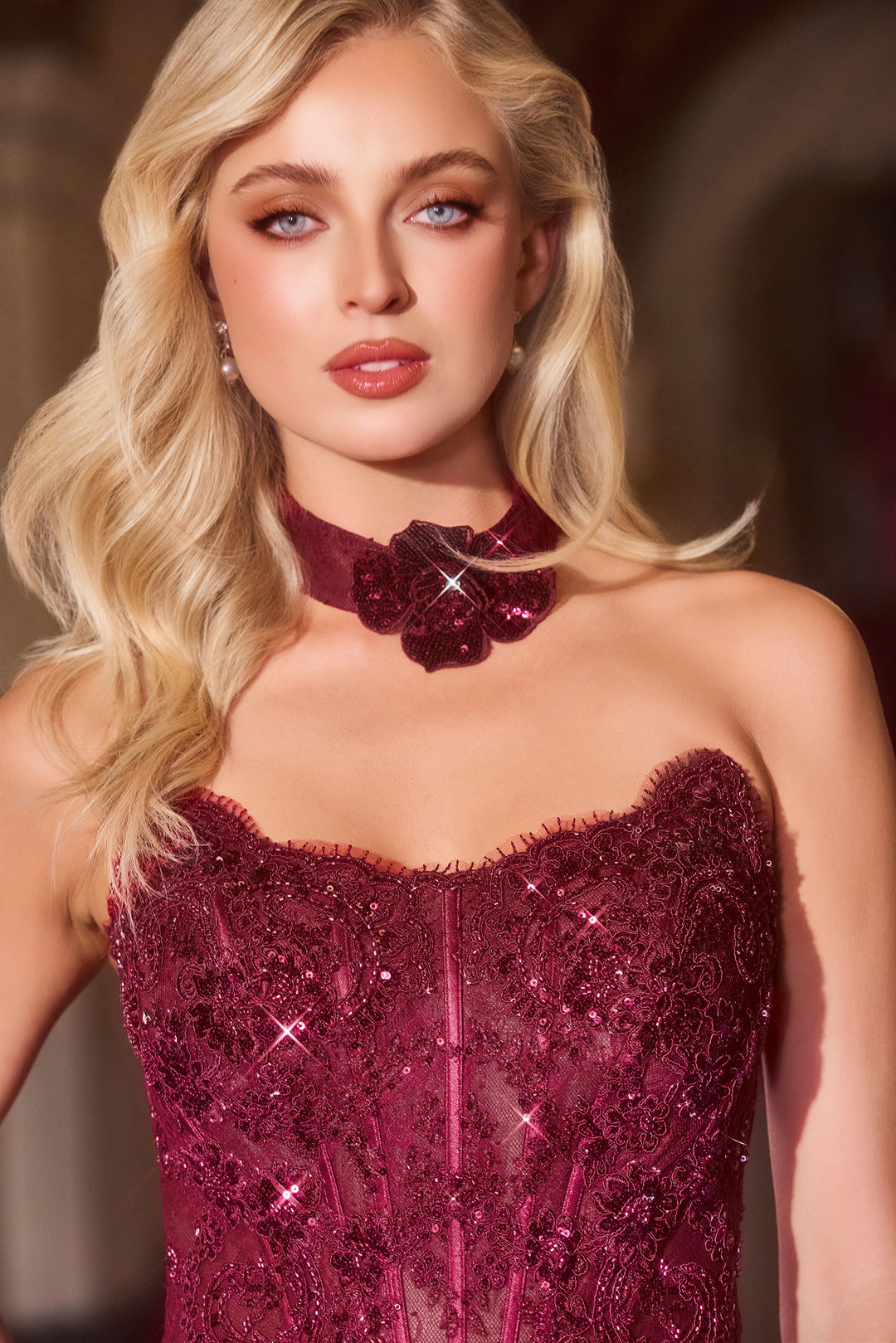 Beaded Lace Strapless Slit Gown by Ladivine CDS550