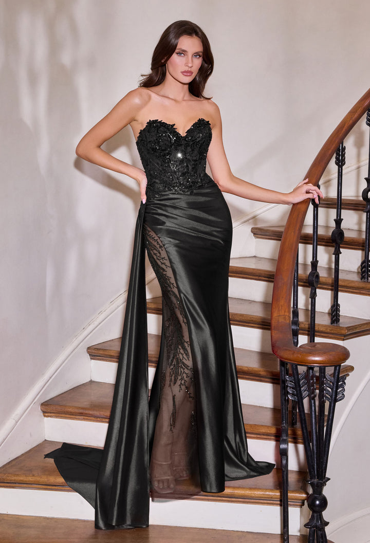 Satin Strapless Sheer Slit Gown by Ladivine CDS565