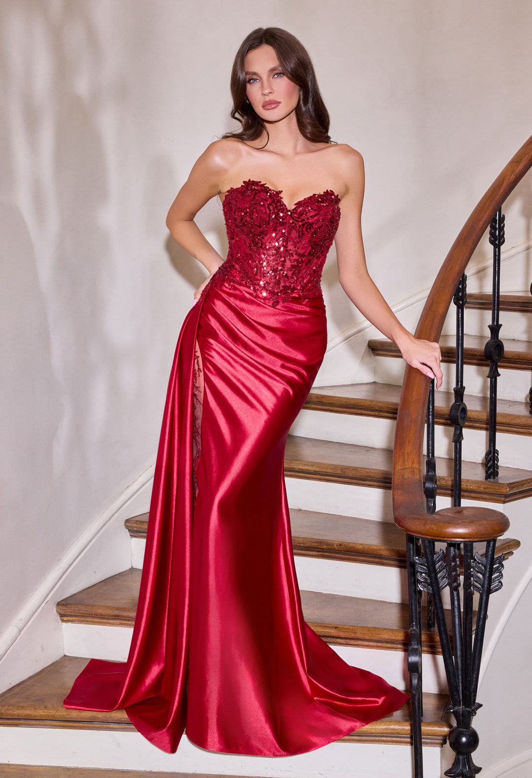 Satin Strapless Sheer Slit Gown by Ladivine CDS565