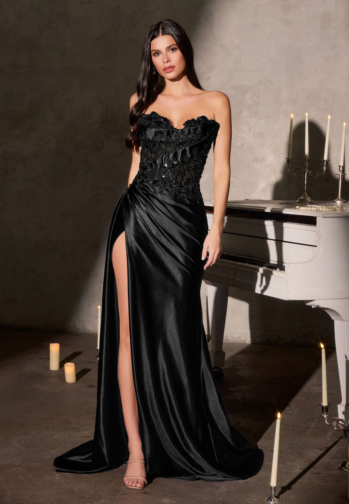 Applique Satin Strapless Slit Gown by Ladivine CDS567
