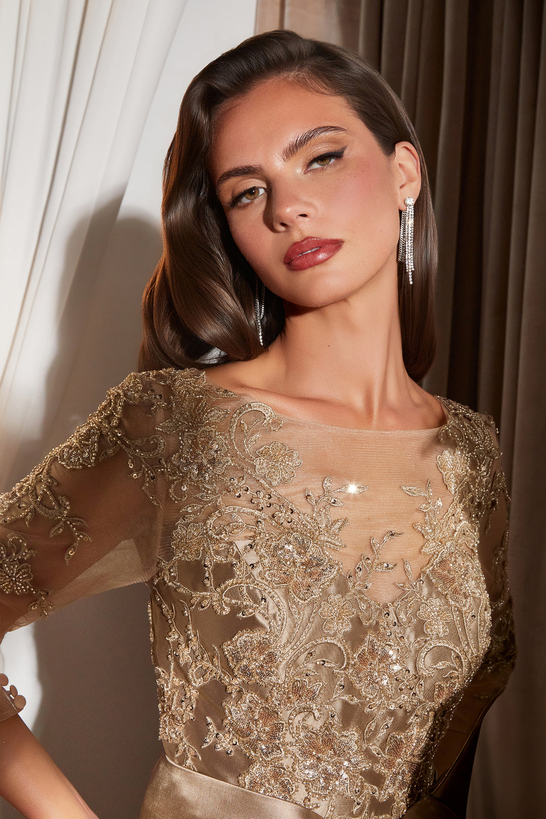 Mikado 3/4 Sleeve A-line Gown by Ladivine CDS569