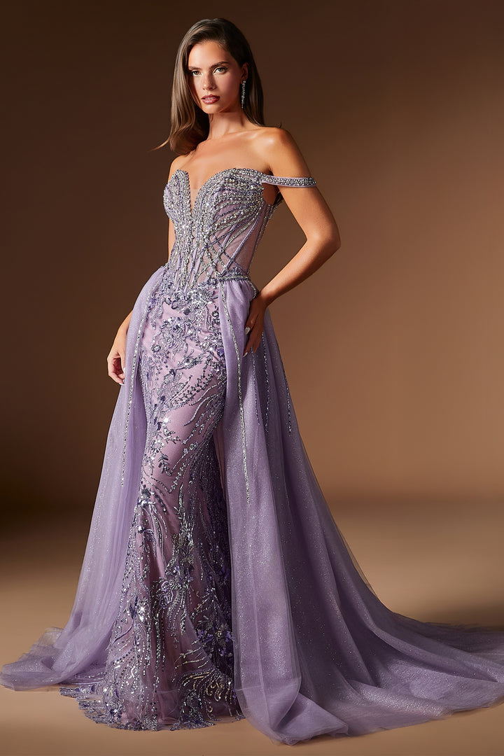 Beaded Off Shoulder Overskirt Gown by Ladivine CDS570