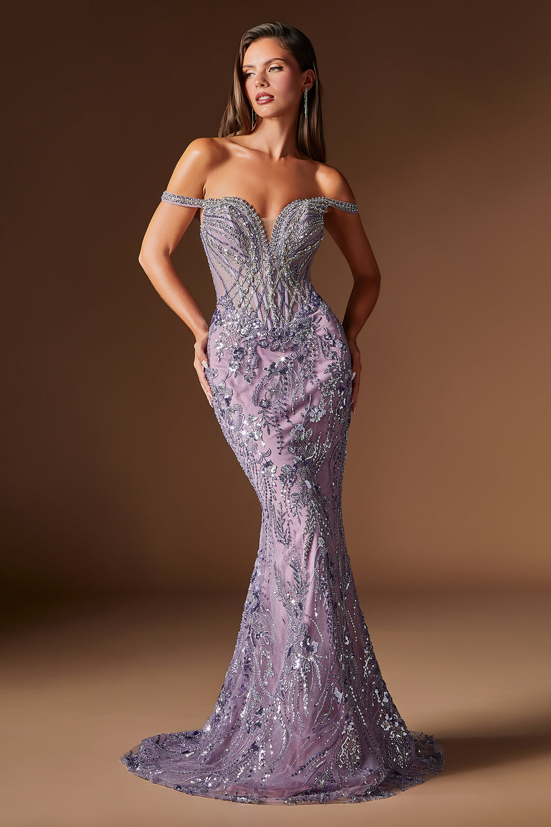Beaded Off Shoulder Overskirt Gown by Ladivine CDS570