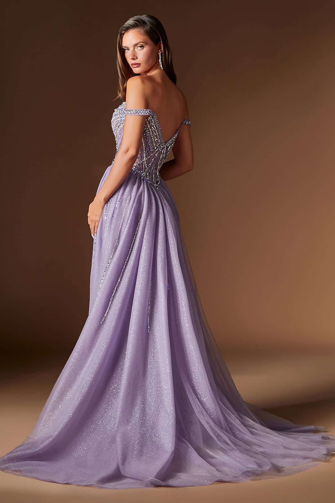 Beaded Off Shoulder Overskirt Gown by Ladivine CDS570