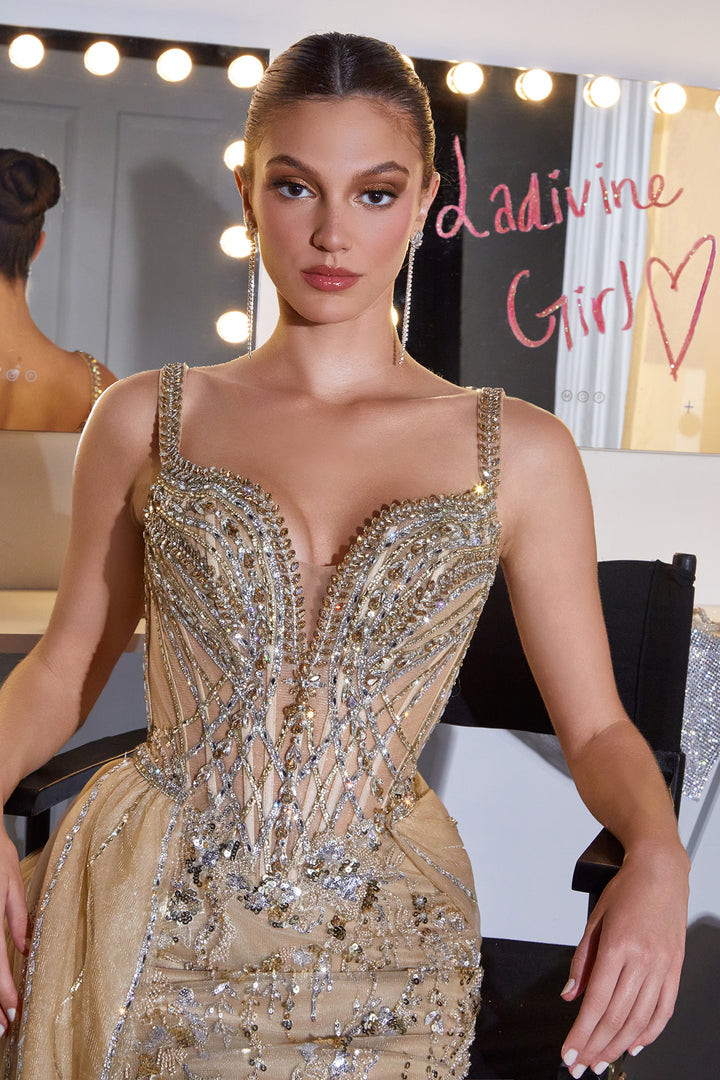 Beaded Off Shoulder Overskirt Gown by Ladivine CDS570