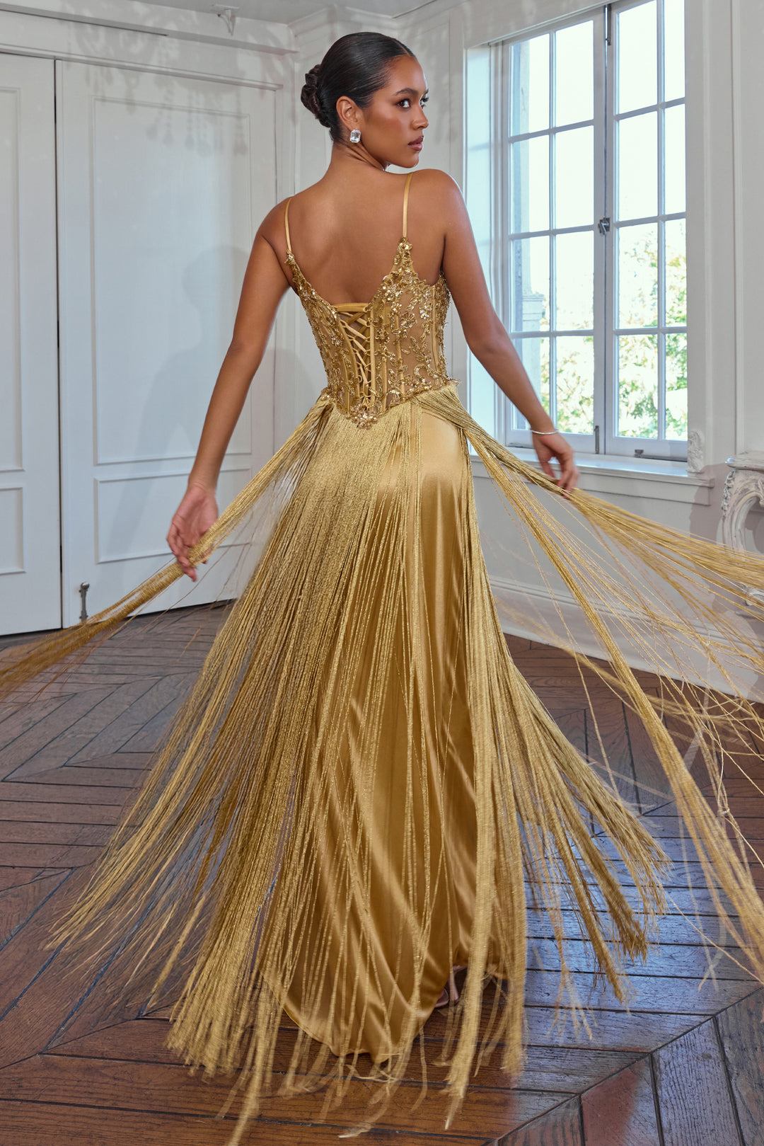Sleeveless Fringe A-line Gown by Ladivine CDS580
