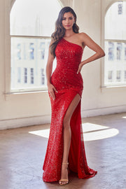 Curve Fitted Sequin One Shoulder Slit Gown by Ladivine CH077C