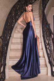 Fitted Long Satin Halter Slit Dress by Ladivine CH079