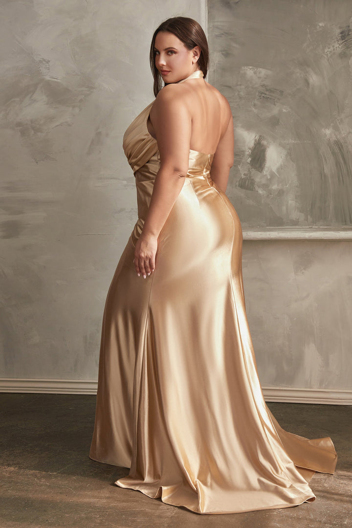 Plus Size Fitted Satin Halter Slit Gown by Ladivine CH079C