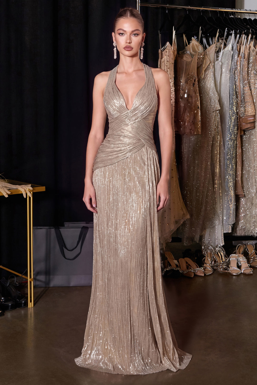 Metallic Fitted Halter Gown by Ladivine CH2625