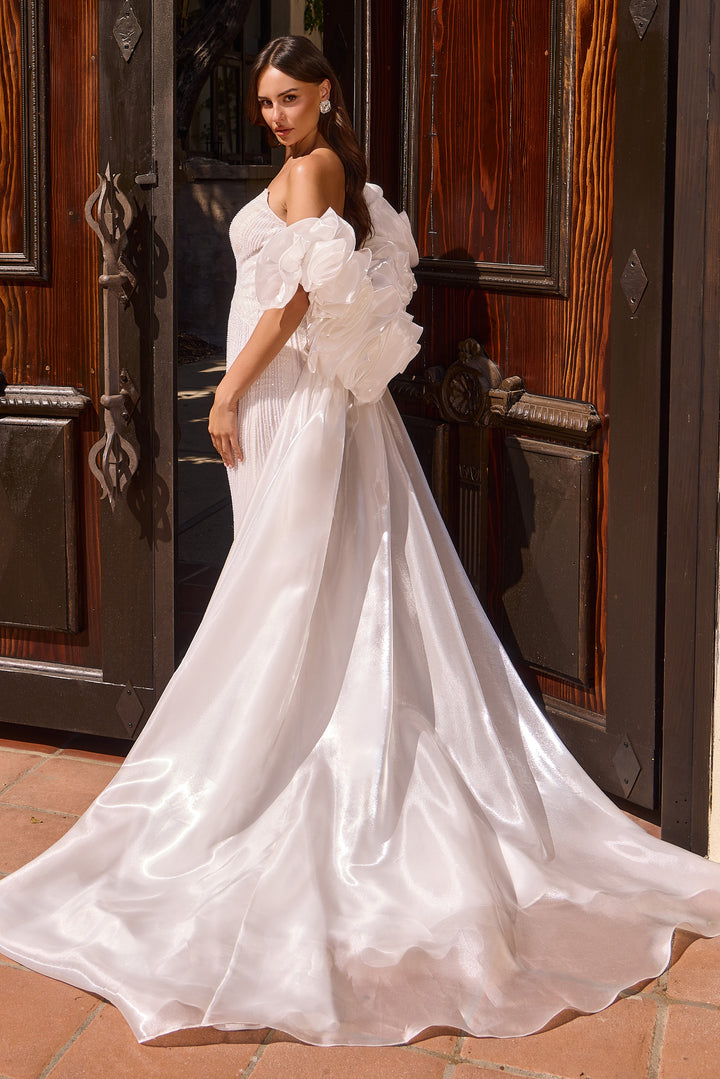 White Strapless Puff Sleeve Gown by Ladivine CJ933W