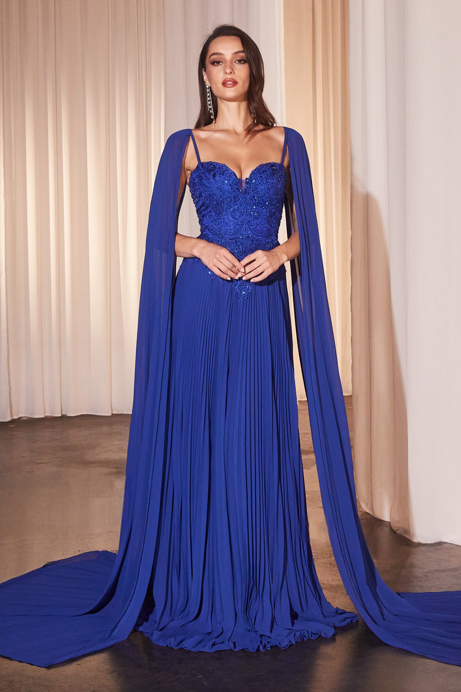Pleated Cape Sleeve A line Gown by Ladivine CJ937