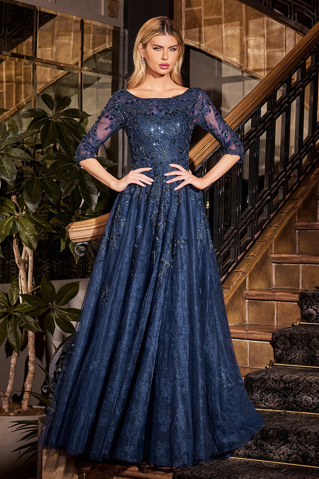 Lace Tulle 3/4 Sleeve A-line Gown by Ladivine CK2401 - Outlet